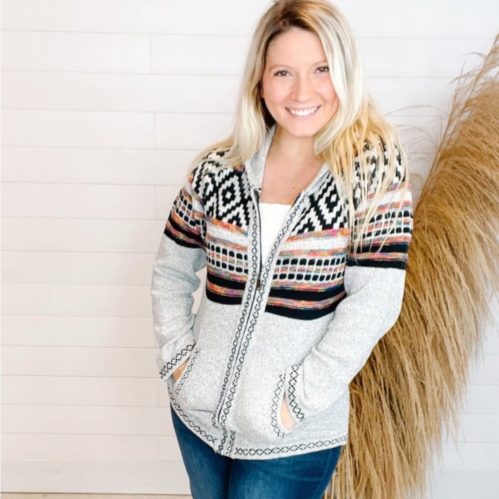 NWT - Papillon Fairisle Knit Zip Up Hooded Jacket - size small- grey